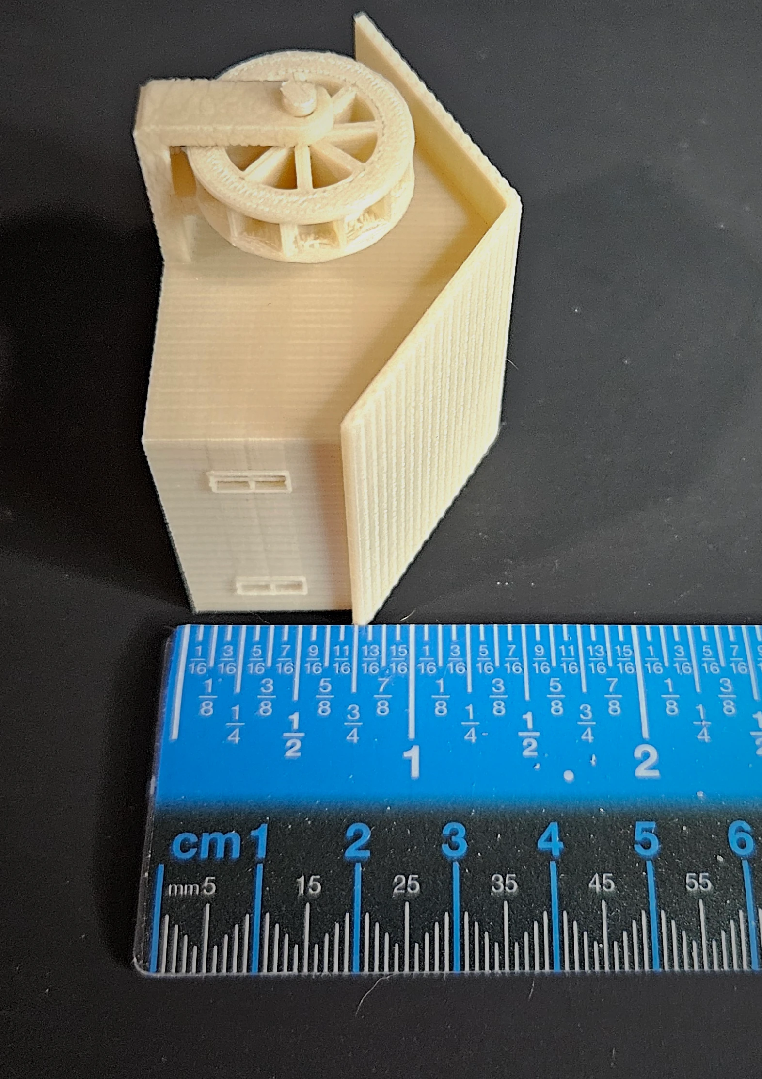 Additional view of N scale waterwheel with large building model